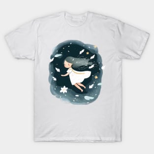 Ethereal White Dress Girl Soaring Amongst Stars and Flowers T-Shirt